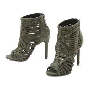 Schutz Yoko Suede Peep Toe Braided Bootie